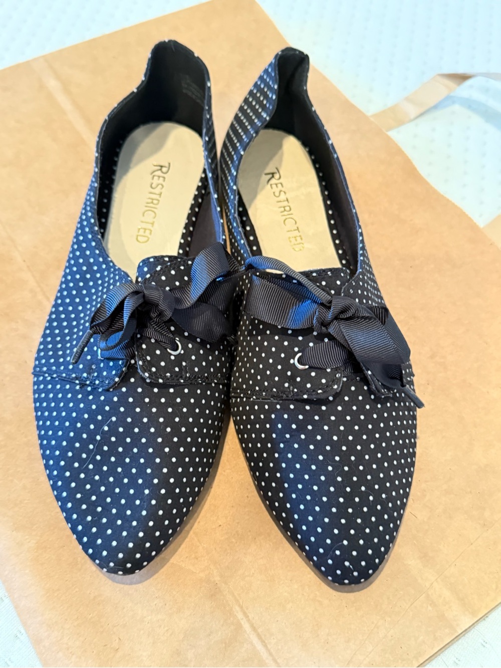 Restricted Black and White Polka Dot Pointed Toe Flats with Bow